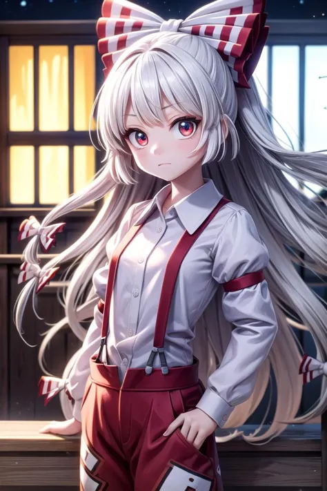1 girl,cute,(looking at viewer:1.0), adorabel girl,cute face,details sky,handsome,young,juvenile,((masterpiece:1.4,best quality)),multiple details,eyeshadow,sfw, (medium shot:1.5),
gradiant eyes, hazel eyes, (long black lycra pantyhose:1)
lora:add_detail:0.8>, <lora:more_details:0.4>, forest, (night:1.2), frosted trees,
<lora:ç¼çå:0.4>, <lora:mokou:1>,
1girl,very long hair, suspenders, long sleeves,red eyes, white hair, bow,ribbon, hair bow, pants, hair ribbon, shirt, multiple hair bows, fujiwara no mokou