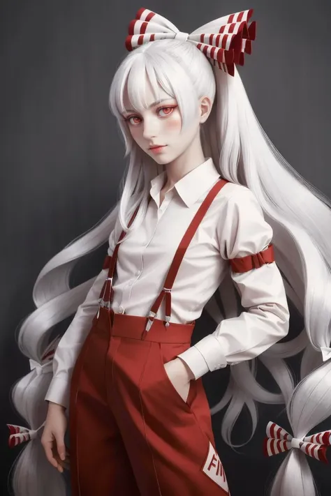 professional photo of fujiwara no mokou, very long hair, suspenders, long sleeves, red eyes, white hair, bow, ribbon, hair bow, pants, hair ribbon, shirt,
detailed skin, detailed eyes,
photo made with Canon EOS in naturalistic style photography,
popular on artstation, popular on deviantart, popular on flicker,
<lora:mokou:1:MIDD>