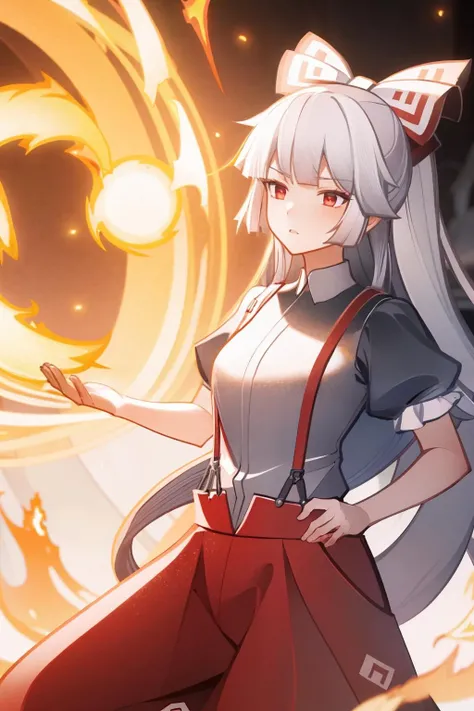 masterpiece, best quality, <lora:mokou:1>,moon,fire,1girl, very long hair, suspenders,swhite shirt,red pants,red eyes, white hair, bow,ribbon, hair bow, pants, hair ribbon,, multiple hair bows ,simple background,<lora:gmstyle:1.2>