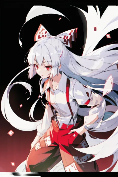 1girl, solo, fujiwara no mokou, 1girl,very long hair, suspenders, long sleeves,red eyes, white hair, bow,ribbon, hair bow, pants, hair ribbon, shirt, multiple hair bows, <lora:mokou:1>