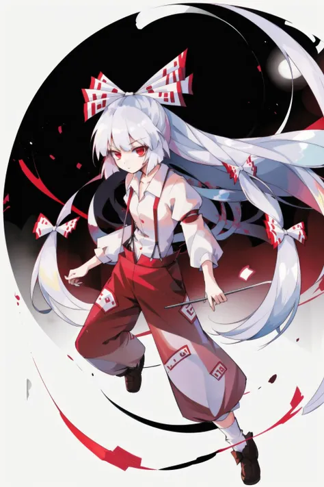 1girl, solo, fujiwara no mokou, 1girl,very long hair, suspenders, long sleeves,red eyes, white hair, bow,ribbon, hair bow, pants, hair ribbon, shirt, multiple hair bows, <lora:mokou:1>