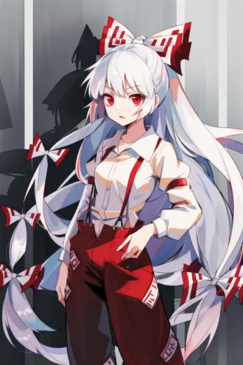 1girl, solo, fujiwara no mokou, 1girl,very long hair, suspenders, long sleeves,red eyes, white hair, bow,ribbon, hair bow, pants, hair ribbon, shirt, multiple hair bows, <lora:mokou:1>