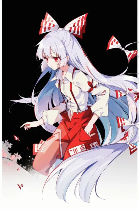 1girl, solo, fujiwara no mokou, 1girl,very long hair, suspenders, long sleeves,red eyes, white hair, bow,ribbon, hair bow, pants, hair ribbon, shirt, multiple hair bows, <lora:mokou:1>