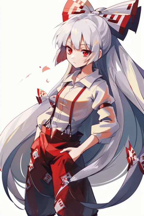 1girl, solo, fujiwara no mokou, 1girl,very long hair, suspenders, long sleeves,red eyes, white hair, bow,ribbon, hair bow, pants, hair ribbon, shirt, multiple hair bows, <lora:mokou:1>