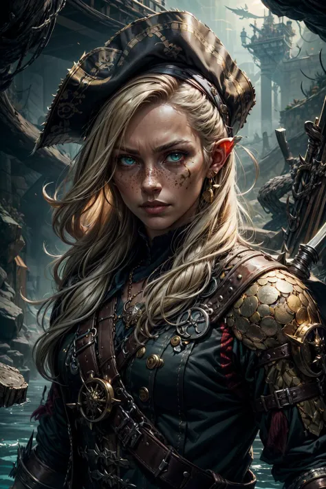 Comic art, RAW-format, <lora:tangbohu-detailer_1.0:1>, <lora:realistic:0.3>
1 girl, adult (elven:0.7) woman, freckles, green eyes, light blonde hair flaps,
focus on character, portrait, (battlescars:0.7), looking at viewer, solo, upper body, detailed background, (<lora:Dra9onScaleAI:0.5>, Dr490nSc4leAI theme:1.1), cursed outlaw, skin, gray pirate sailor outfit, tricorn hat, dark expression, dynamic pose, sypglass, dark pirate cave, shallow water, stacks of loot, flying gold coins, heaps of gold coins, too much coin to count, treasure chests, weapons, treasure, fantasy atmosphere,