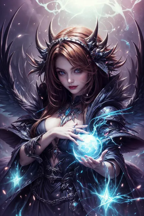(masterpiece, top quality, best, official art, beautiful and aesthetic, long exposure:1.2), luminous trails, fluid movement, captivating patterns, creative experimentation, visual chaos, <lora:add_detail:1> <lora:priconne_mypage_1-counterfeit:0.3>,
1 girl, adult (elven:0.7) woman, dark brown eyes, brown textured hair,
solo, upper body, looking at viewer, detailed background, detailed face, (<lora:Dra9onScaleAI:0.5>, Dr490nSc4leAI theme:1.1), large wide eyes, dilated pupils, necromancer, blue summoner robes, amulet, conjuring, movement, evil smile, ritual, pentagram, surrounded by evil glowing magical inscriptions, arcane power, floating particles, red gathering magic energy, calling forth eldritch power, ominous portal background, whirlwind, dark glowing aura, ethereal atmosphere,