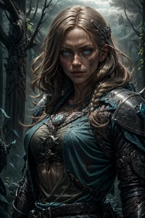 Comic art, <lora:tangbohu-detailer_1.0:1>, <lora:realistic:0.3>, <lora:sharpen-soften:-0.5>
1 girl, adult icelandic woman, aquamarine eyes, dark blonde long hair,
portrait, (bloody scars:0.7), looking at viewer, solo, (full body:0.6), detailed background, (<lora:Dra9onScaleAI:0.5>, Dr490nSc4leAI theme:1.1), angelic face, bloodthirsty expression, crusader, floating runes, light blue battleworn leather armor, coat of arms, tabard, divine blessing, sacred amulet, dark clouds, bright realistic lighting, sinister forest, intense atmosphere, healing aura, hair blowing in wind,
<lora:zaunT_zaunV1:0.3>,