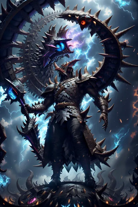 (best quality, highres, sharp focus, cinematic shadow, low angle from below), <lora:DragonScaleAIV3:1>,
An evil wizard wearing a helmet and heavy armor with feather motif, (standing on top of a flat circular DragonScaleAI floating disc made of demonic teeth and eyes), surrounded by blue fire and pink lightning