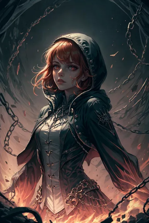 (masterpiece, best quality), aesthetic illustration, <lora:add_detail_v5:1>,
1 girl, adult (elven:0.7) woman, freckles, red eyes, ginger medium hair,
(style-swirlmagic:0.8), pale skin, portrait, (<lora:Dra9onScaleAI:0.5>, Dr490nSc4leAI theme:1.1) looking up, solo, (full body:0.6), dynamic pose, detailed background, sinister look, succubus, runny makeup, dim lighting, fighting stance, hooded vestments of the night, black crown hovering above head, spider lair, , spiders, spiderwebs, floating dark crystals, dark magic light green waves in the air, broken chains, summoning circle,