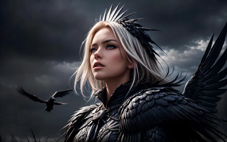 masterpiece, epic, majestic, best quality, very high resolution, 8k, hdr, digital photography, dynamic pose, godly 26 years old female Burgher spellsword, black eyes, (white hair, lob hair:1.1), looking at camera with a hunted expression, (Style-GravityMagic:0.7), solo, establishing shot, looking up, detailed background, detailed face, (<lora:Dra9onScaleAI:0.5>, Dr490nSc4leAI theme:1.1), glowing eyes, raven-wizard, messenger of the raven-king, dark feathers, wearing tattered feathered cloak, enigmatic, calm posture, raven perched on shoulder, echoes, crows flying in background, skulls in background, wind blowing, sinister atmosphere,, (iridescent:0.7), (transparent:0.8), (translucid:0.8), (reflection:0.6), (refraction:0.3), (diffraction:0.3), (caustics:0.3), volumetric lights, volumetric shadows, (subsurface scatering:0.4), physically based rendering, (intricate details:1.3), hyperdetailed, ultrarealistic, (sharp focus:1.2) <lora:hyperdenoiser_v090:1.5> <lora:add_detail:1.5>