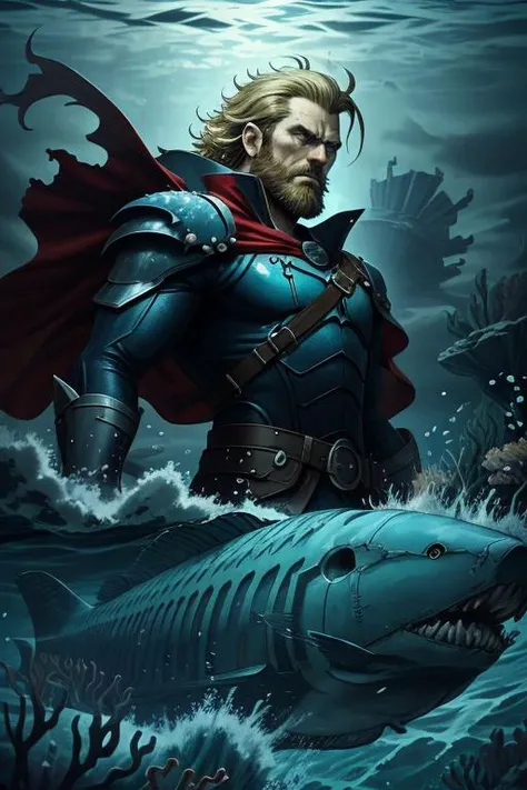 best quality,masterpiece,(1man, masculine adult male:1.2), grey eyes, natural blonde hair, short beard, looking away, solo, from front, front view, half shot, detailed background, close up, (evil <lora:Dra9onScaleAI:0.5>, Dr490nSc4leAI theme:1.1), superhero, determined expression, cape, underwater, under the sea, submarine, waves, smoke, explosions, battle scene, epic cinematic atmosphere,,