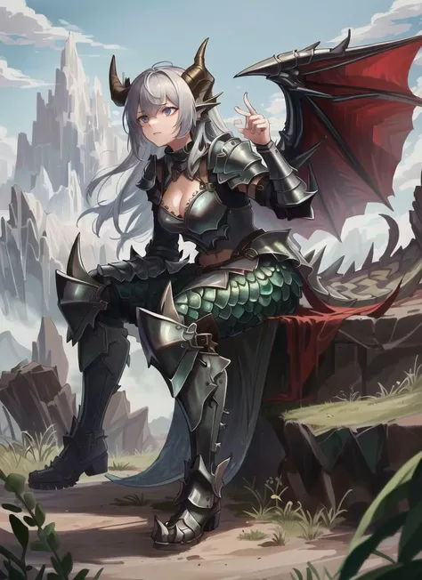 ((best quality)), ((highly detailed)), masterpiece, (detailed eyes, deep eyes), (1girl), full body, <lora:aiomonstergirls_loraLocon:.8>, dragon girl, <lora:Dra9onScaleAI:.9>, Dr490nSc4leAI woman, scales, dragon horns, dragon tail, dragon wings, armored boots, outside, outside, at a mountain