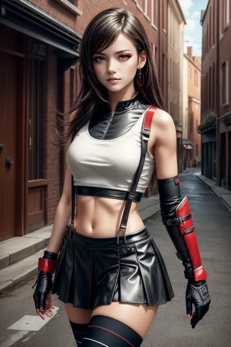 (masterpiece, best quality), intricate details, (Best quality)), ((masterpiece)), ((realistic)), (hyperrealism:1.2), (fractal art:1.2), 
1girl,   (red eyes:1.5) <lora:tifa-nvwls-v1:0.8> 7rtifa, crop top, arm guards, fingerless gloves, suspenders, pleated miniskirt, black thighhighs, red boots ,
extreme detailed eyes, colorful, highest detailed, 
vibrant colors, high contrast,
<lora:add_detail:1>, (8K UHD:1.2), (photorealistic:1.2),