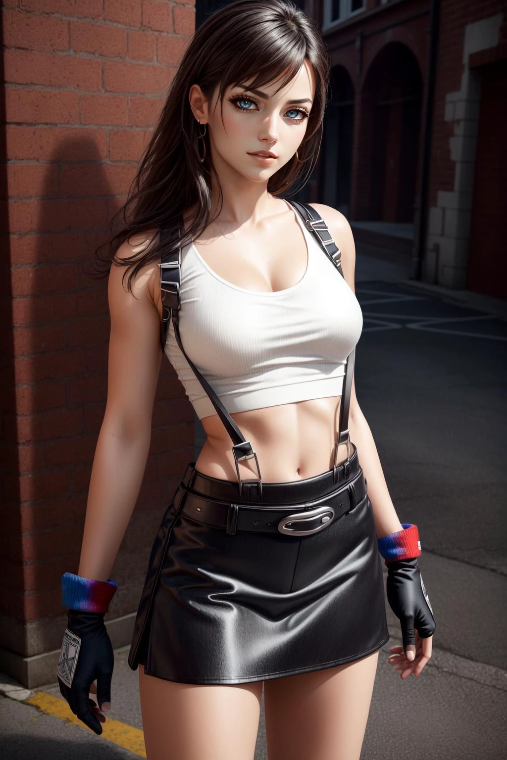 (masterpiece, best quality), intricate details, (Best quality)), ((masterpiece)), ((realistic)), (hyperrealism:1.2), (fractal art:1.2), 
1girl,    <lora:tifa-nvwls-v1:0.8> defTifa, white crop top, elbow pad, fingerless gloves, suspenders, pencil skirt, black socks, red boots, 
extreme detailed eyes, colorful, highest detailed, 
vibrant colors, high contrast,
<lora:add_detail:1>, (8K UHD:1.2), (photorealistic:1.2),
