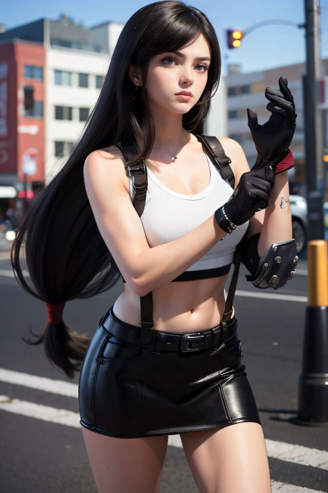<lora:Saya-adjusting gloves:1>, adjusting gloves, (masterpiece:1.2), (best quality:1.2), (extremely detailed:1.2), (extremely detailed face), (photorealistic:1.2), (ultra detailed), 8k, 1girl, muscular body, medium breasts, long hair, black hair, red pupils,
<lora:tifa-nvwls-v1-final:0.75>, defTifa, white crop top, elbow pad, fingerless gloves, suspenders, pencil skirt, black socks, red boots,
standing on the street,