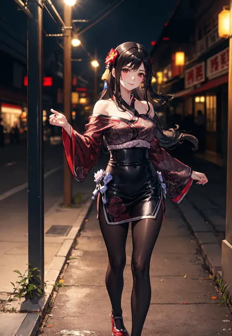 realistic, RAW photo, dslr, film grain, Fujifilm XT3, night shot, 1girl, goddess women,  (curly hair, long hair), (thigh,off shoulder:1.2), ([:see-through:4]:1.4) (red floral print hanfu:1.1), pencil skirt, black pantyhose, (deserted street:1.3), Backlit, Bokeh, Contrast Filters, (smile:0.8), looking at viewer, (china jiangnan water town style:1.1), water, wet,  <lora:tifa-nvwls-v1:0.8>
