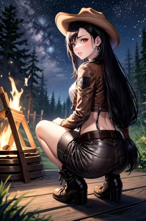 (masterpiece, best quality, detailed), 1girl, solo, looking at viewer, defTifa, red eyes, low-tied long hair, earrings,
fedora, brown headwear, brown pants, black belt, cowboy hat, brown jacket, leather jacket, indiana jones, white shirt, satchel, (campfire), night, nature, night sky, forest, full body, bent over, from behind, legs together, arm support, looking back, ass grab, parted lips
