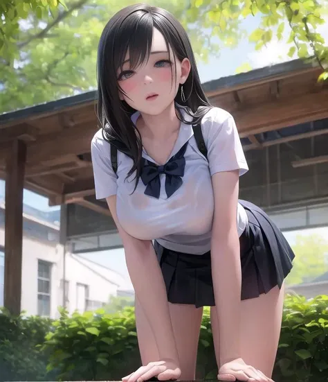 (masterpiece, best quality:1.2),
highres,
skin_detail,
face_detail,
lustrous_skin:1.4,
skindentation,
defTifa,
yo,
School shirt, tented_shirt,
school_very_short_skirt
thin_white_panty,
ultra_massive_natural_breasts:1.4,
(innocent_big_eyes:1.0),
light_blush,
outdoor,
cute,
{sexy_pose | seductive_pose | erotic_pose}
wet, 
from_behing,
from_below,
look_back,
lean_forward,
bent_over,
spread_legs,
cowboy_shot,
<lora:tifa-nvwls-v1-final:0.6>
<lora:eu03 2:0.5>
<lora:exbikini2:0.5>
<lora:thai_juighschoiform:0.6>