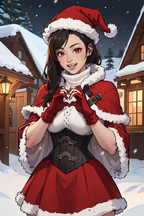 (masterpiece, best quality, absurdres, 4k, aesthetic, detailed, intricate),outside,snowing,1girl,xmasTifa, red eyes, low-tied long hair, santa hat, red capelet, fur trim, white turtleneck sweater, corset, fur-trimmed gloves, red skirt, blusing,happy,:D,hands to heart <lora:tifa-nvwls-v2:0.7>