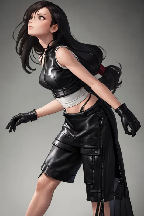 masterpiece, best quality, 1girl, solo, <lora:tifa-nvwls-v1-final:1> acTifa, black tank top, zipper, black skirt, black shorts, black gloves