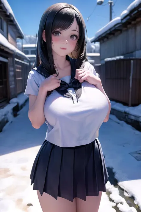 (masterpiece, best quality:1.2),
highres,
skin_detail,
face_detail,
lustrous_skin:1.4,
skindentation,
defTifa,
16yo,
School shirt, school skirt
ultra_massive_natural_breasts:1.4,
(innocent_big_eyes:1.0),
light_blush,
winter,
snow,
outdoor,
garden,
cute,
cowboy_shot,
<lora:tifa-nvwls-v1-final:0.6>
<lora:eu03 2:0.5>
<lora:exbikini2:0.5>
 <lora:thai_junior_highschool_girl_uniform:0.6>