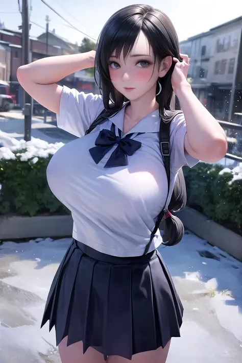 (masterpiece, best quality:1.2),
highres,
skin_detail,
face_detail,
lustrous_skin:1.4,
skindentation,
defTifa,
****,
School shirt, 
school skirt
ultra_massive_natural_breasts:1.4,
(innocent_big_eyes:1.0),
light_blush,
winter,
snow,
outdoor,
garden,
cute,
{sexy_pose | seductive_pose | erotic_pose}
cowboy_shot,
<lora:tifa-nvwls-v1-final:0.6>
<lora:eu03 2:0.5>
<lora:exbikini2:0.5>
 <lora:thai_junior_highschool_girl_uniform:0.6>