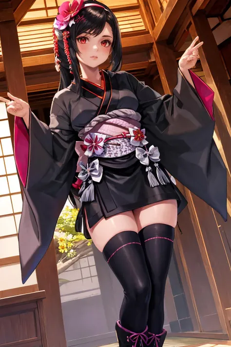 masterpiece, best quality, 1girl, solo, <lora:tifa-nvwls-v1-final:1> edTifa, hairband, hair flower, black kimono, sash, black thighhighs, cross-laced boots