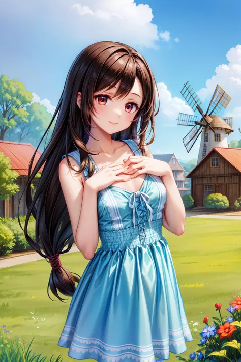 masterpiece, best quality, <lora:tifa-nvwls-v2-000008:0.9> pastTifa, red eyes, low-tied long hair, green sundress, sleeveless, looking at viewer, smile, hands on own chest, blue sky, clouds, windmill, town