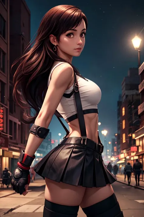 cowboy shot ,realistic, best quality, masterpiece, realistic ,<lora:more_details:0.3>,<lyco:GoodHands-beta2:1>, 7rtifa, crop top, arm guards, fingerless gloves, suspenders, pleated miniskirt, black thighhighs, fist, from side, looking at viewer, dystopian city, city street, night  <lora:tifa-nvwls-v1:0.8>