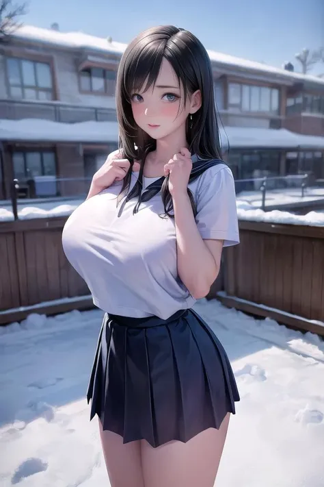 (masterpiece, best quality:1.2),
highres,
skin_detail,
face_detail,
lustrous_skin:1.4,
skindentation,
defTifa,
16yo,
School shirt, 
short_school_skirt
ultra_massive_natural_breasts:1.4,
(innocent_big_eyes:1.0),
light_blush,
winter,
snow,
outdoor,
garden,
cute,
cowboy_shot,
<lora:tifa-nvwls-v1-final:0.6>
<lora:eu03 2:0.5>
<lora:exbikini2:0.5>
 <lora:thai_junior_highschool_girl_uniform:0.6>