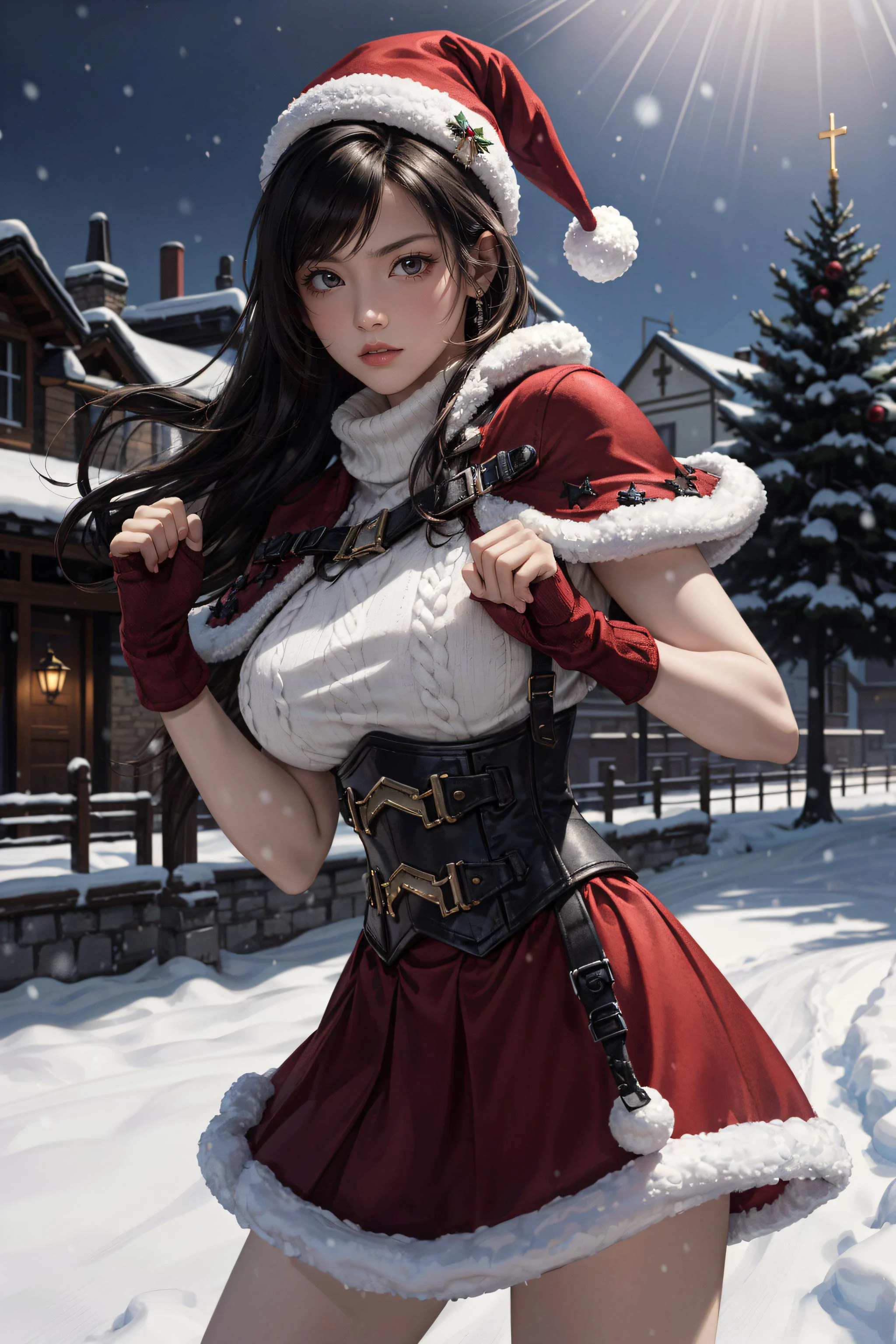 masterpiece,best quality,perfect face,intricate,beautiful scenery,ultra realistic 8k CG,perfect artwork,1girl,final fantasy vii,tifa lockhart,large_breasts,beautifuleyes,black hair,beautiful body,beautiful skin,beautiful legs,narrow waist,xmasTifa,red eyes,low-tied long hair,santa hat,red capelet,fur trim,white turtleneck sweater,corset,fur-trimmed gloves,(red skirt),fur-trimmed boots,outdoor,Background with a single Christmas tree visible,(A holy night with snow falling),holy night,realistic,fists,fighting stance,from_below,serious expression,<lora:tifa-nvwls-v2:0.7>,<lora:flat:-0.5>,