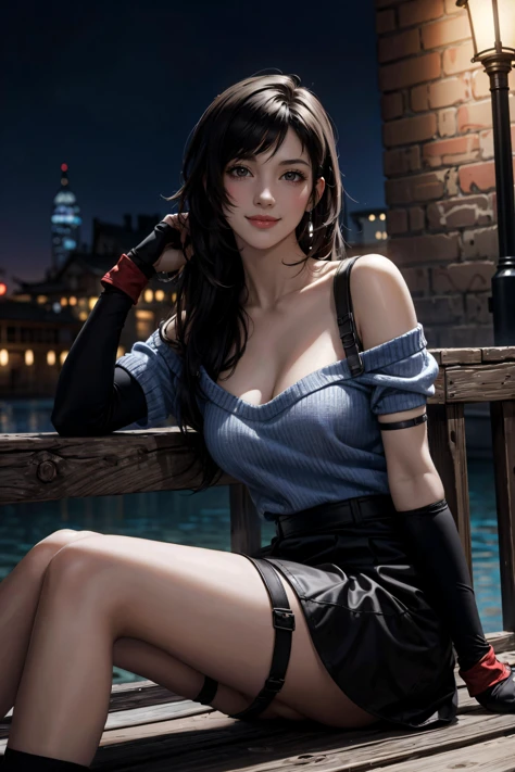 masterpiece,best quality,perfect face,intricate,beautiful scenery,ultra realistic 8k CG,perfect artwork,1girl,final fantasy vii,tifa lockhart,large_breasts,beautifuleyes,black hair,beautiful body,beautiful skin,beautiful legs,narrow waist,metTifa,red eyes,low-tied long hair,earrings,cropped sweater,blue sweater,off-shoulder,short sleeves,suspender skirt,elbow gloves,armored legwear,outdoor,night city,realistic,from_below,sitting,smile,<lora:tifa-nvwls-v2:0.7>,<lora:flat:-0.5>,
