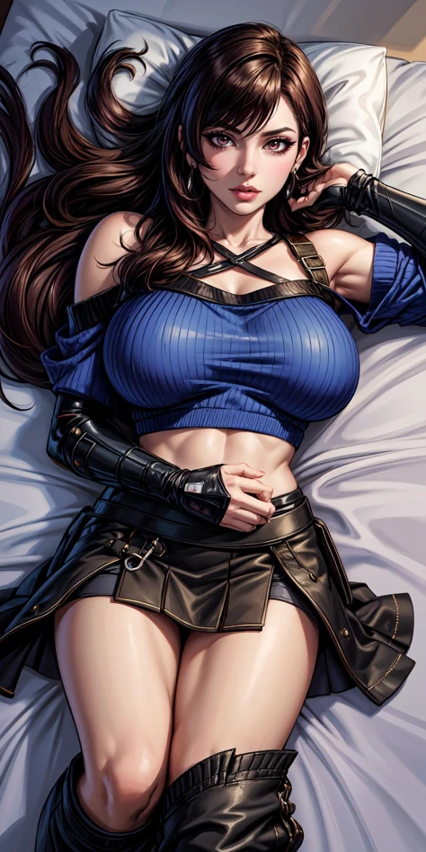 (masterpiece, 8k, 4k, extremely detailed, best quality, absurdres:1.4) nice hands, perfect hands, 1girl, mature, milf, sexy, (huge tits:1.3) <lora:more_details:0.8> <lora:tifa-nvwls-v2:0lbw=all:step=10-30> metTifa, red eyes, low-tied long hair, earrings, cropped sweater, blue sweater, off-shoulder, short sleeves, skirt, elbow gloves, (laying on back, laying on bed, top down view:1.3)