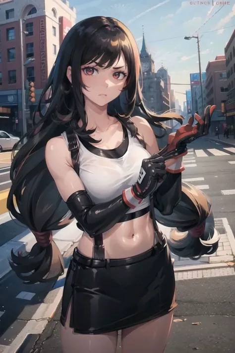<lora:Saya-adjusting gloves:1>, adjusting gloves, (masterpiece:1.2), (best quality:1.2), (extremely detailed:1.2), (extremely detailed face), (photorealistic:1.2), (ultra detailed), 8k, 1girl, muscular body, medium breasts, long hair, black hair, red pupils,
<lora:tifa-nvwls-v1-final:0.85>, defTifa, white crop top, elbow pad, fingerless gloves, suspenders, pencil skirt, black socks, red boots,
standing on the street,
