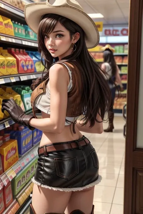 <lora:add_detail:0.5> <lora:copax_charm_eu:0.2> (1girl,3d, photorealistic,masterpiece, best quality), excited, from back, seductive pose, in a supermarket,
big boobs,hatTifa, cowboy hat, brown vest, white shirt, black gloves, brown miniskirt, cowboy boots
 <lora:tifa-nvwls-v1:0.6>