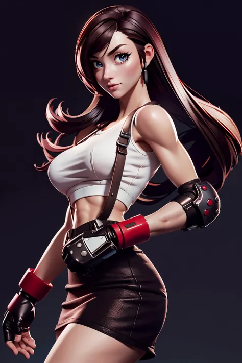(best quality, masterpiece, perfect ligthing, bloom, cinematic lighting, nice hands, 5 fingers, detalied eyes, perfect eyes), brown eyes, defTifa, white crop top, elbow pad, fingerless gloves, suspenders, pencil skirt, black socks, red boots, <lora:3DMM_V11:0.8>, <lora:tifa-nvwls-v1-final:0.8>