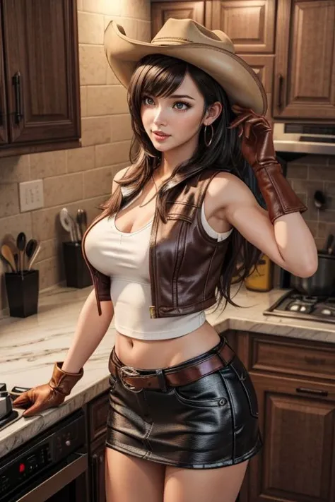 <lora:add_detail:0.5> <lora:copax_charm_eu:0.2> (1girl,3d, photorealistic,masterpiece, best quality), excited, upper body, seductive pose, in a kitchen,
big boobs,hatTifa, cowboy hat, brown vest, white shirt, black gloves, brown miniskirt, cowboy boots
 <lora:tifa-nvwls-v1:0.6>