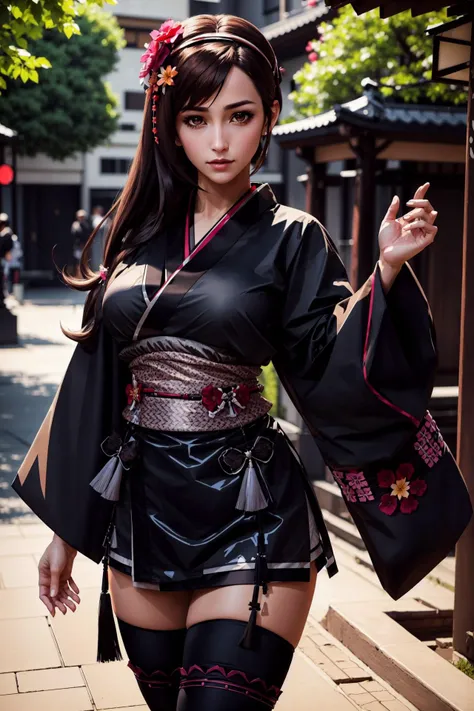 ((brown eyes)), (best quality, masterpiece, detailed eyes, perfect eyes, five fingers on hand), edTifa, hairband, hair flower, black kimono, sash, black thighhighs, cross-laced boots, large hips <lora:tifa-nvwls-v1-final:0.8>