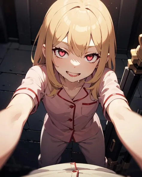 masterpiece, best quality, highly detailed
petite girl,    <lora:heart_eyes_v1.0:1>
evil smile,  pov,from above,crawl forward,hopless,Dangerous
indoor,simple background, pajamas, blonde hair, , weapon, 
sexually suggestive,  saliva,