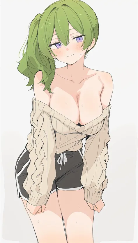 masterpiece, best quality, (mikozin, sincos), ubel, 1girl, solo, green hair, bangs, hair between eyes, side ponytail, purple eyes, <lora:Ubel_AnimagineXLV3:0.7> oversized cable knit aran sweater, white sweater, dolphin shorts, black shorts, long sleeves, bare shoulders, thighs, breasts, cleavage, smile, simple background, white background