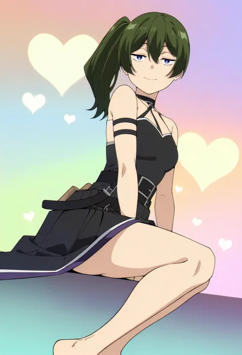 1girl,ubel,solo,half-closed eyes,green hair,bangs,hair between eyes,side ponytail,purple eyes,looking at viewer,perfect hands,perfect feet,perfect symmetry,perfect anatomy,extremely detailed,masterpiece,best quality,very aesthetic,absurdres,<lora:quality1:0:hr=1>,<lora:jitome_AXL30_v09a:1>,<lora:Ubel_AnimagineXLV3:0.8>,<lora:add-detail-xl:1>,<lora:parsley-XL-v31-ep20:0>,floral_background,rainbow_background,multicolored_background,gradient_background,heart_background,fantasy,scenery,sleeveless_kimono,kimono,kind_smile,