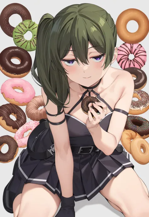 1girl, ubel, solo, half-closed eyes, expressionless, smile, green hair, bangs, hair between eyes, side ponytail, purple eyes, light smile, black choker, collarbone, sleeveless, black dress, sleeveless dress, halterneck, pleated skirt, black gloves, belt, black footwear, doughnut, looking at viewer, perfect hands, perfect symmetry, perfect anatomy, extremely detailed,  masterpiece, best quality, very aesthetic, absurdres <lora:quality1:0:hr=1> <lora:jitome_AXL30_v09a:1.5> <lora:Ubel_AnimagineXLV3:0.8> <lora:add-detail-xl:1> <lora:parsley-XL-v31-ep20:0.8>