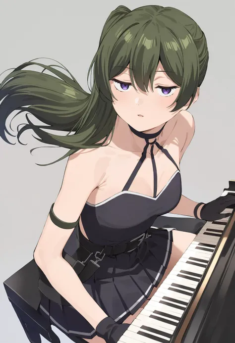 1girl,ubel,solo,half-closed eyes,green hair,bangs,hair between eyes,side ponytail,purple eyes,black choker,collarbone,sleeveless,black dress,sleeveless dress,halterneck,pleated skirt,black gloves,belt,black footwear,looking at viewer,perfect hands,perfect symmetry,perfect anatomy,extremely detailed,masterpiece,best quality,very aesthetic,absurdres,<lora:quality1:0:hr=1>,<lora:jitome_AXL30_v09a:1>,<lora:Ubel_AnimagineXLV3:0.8>,<lora:add-detail-xl:1>,<lora:parsley-XL-v31-ep20:0.8>,playing_instrument,piano,music,