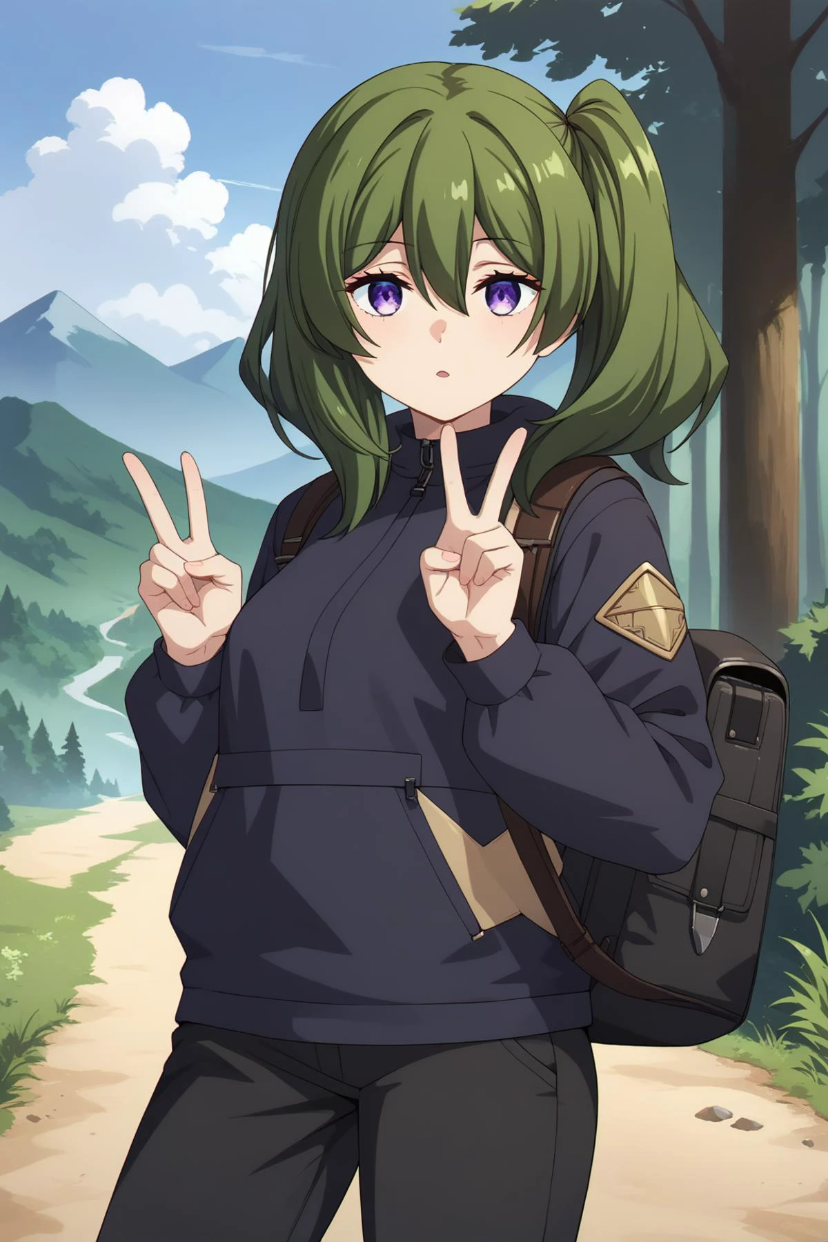 score_9, score_8_up, score_7_up, rating_explicit, source_anime, source_cartoon, pretty, perfect detailed, detailed face, detailed eyes, beautiful eyes, zPDXLpg, 1girl, solo, forest, mountains, sunny, large backpack,
<lora:anorak_XL_4:1.5> wearing pullover jacket, black pullover, long jacket, pants,
<lora:Ubel_PonyXL:1> ubel, green hair, bangs,hair between eyes,side ponytail, purple eyes, double v, <lora:neg4all_bdsqlsz_xl_V91:1>, <lora:neg4all_bdsqlsz_xl_V91:1>