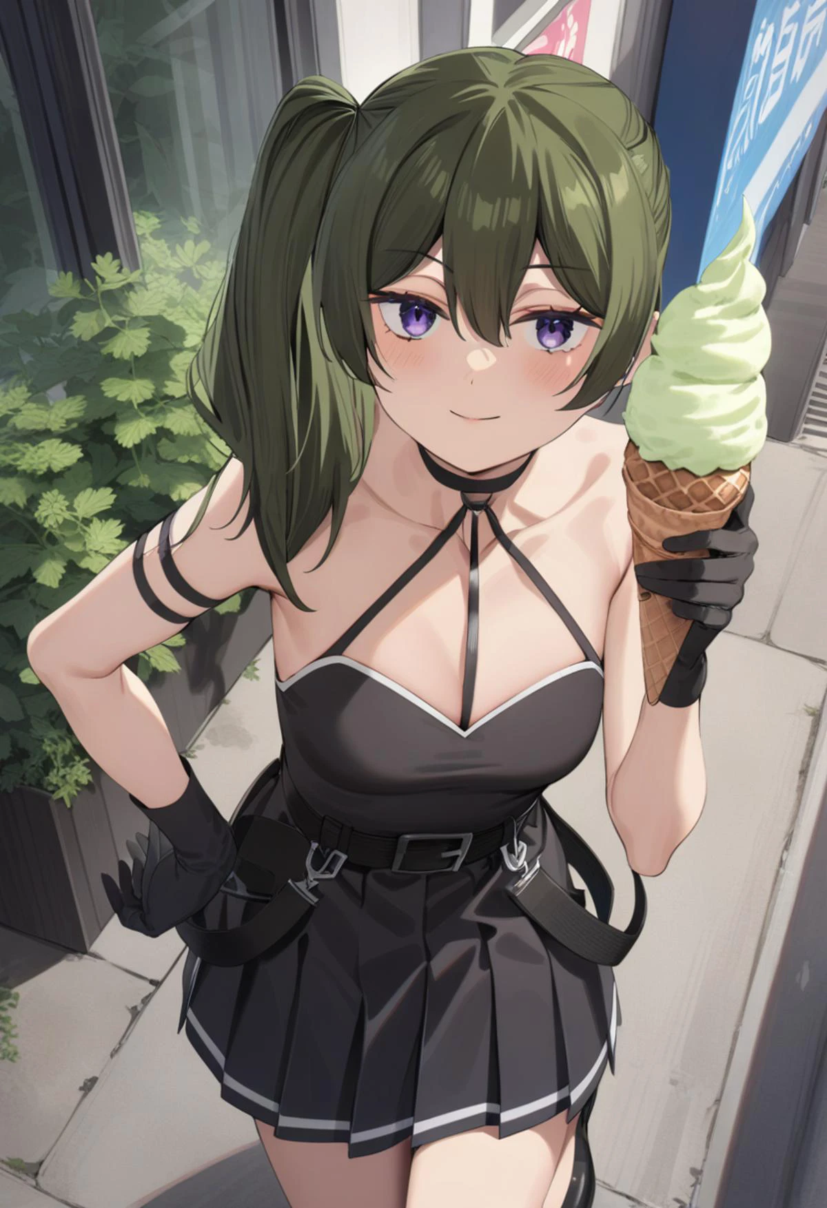 1girl, ubel, solo, green hair, bangs, hair between eyes, side ponytail, purple eyes, light smile, black choker, collarbone, sleeveless, black dress, sleeveless dress, halterneck, pleated skirt, black gloves, belt, black footwear, akihabara (tokyo), looking at viewer, ice_cream_cone , perfect hands, perfect symmetry, perfect anatomy, extremely detailed, masterpiece, best quality, very aesthetic, absurdres, style:parsley <lora:quality1:0:hr=1> <lora:jitome_AXL30_v09a:0> <lora:Ubel_AnimagineXLV3:0.8> <lora:add-detail-xl:1> <lora:parsley-XL-v31-ep20:0.8>