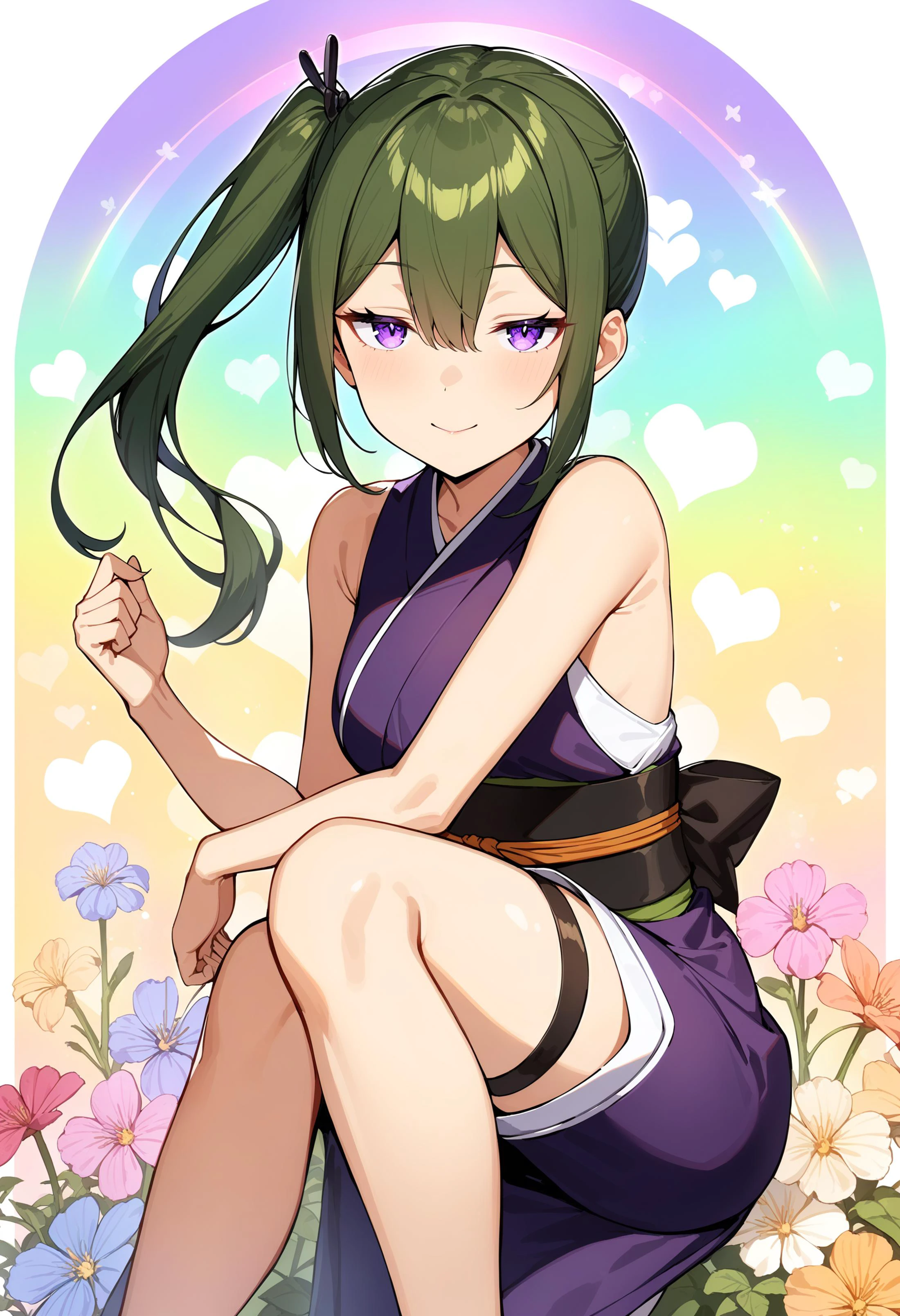 1girl,ubel,solo,half-closed eyes,green hair,bangs,hair between eyes,side ponytail,purple eyes,looking at viewer,perfect hands,perfect feet,perfect symmetry,perfect anatomy,extremely detailed,masterpiece,best quality,very aesthetic,absurdres,<lora:quality1:0:hr=1>,<lora:jitome_AXL30_v09a:1>,<lora:Ubel_AnimagineXLV3:0.3>,<lora:add-detail-xl:1>,<lora:parsley-XL-v31-ep20:0>,floral_background,rainbow_background,multicolored_background,gradient_background,heart_background,fantasy,scenery,sleeveless_kimono,kimono,kind_smile,
