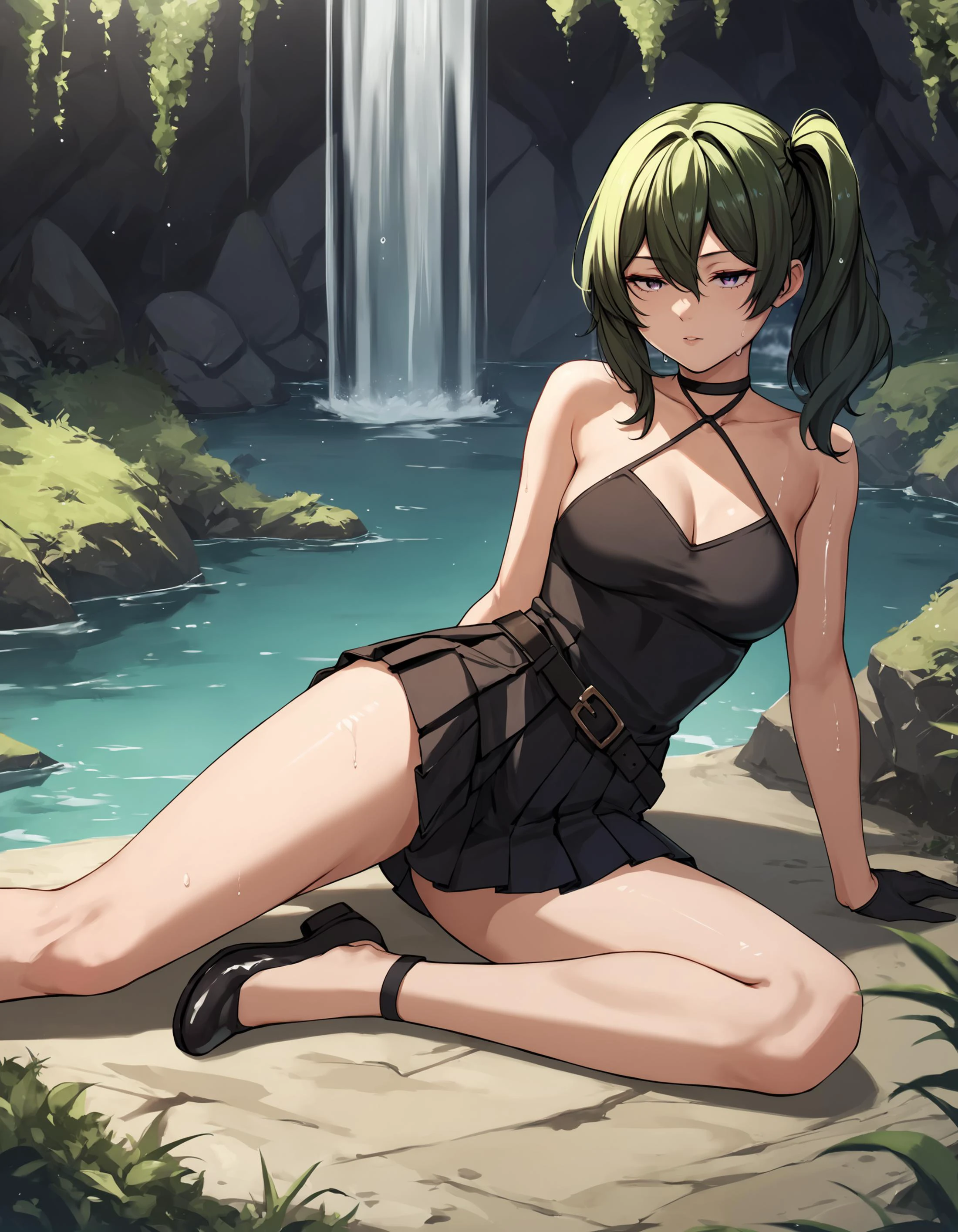 score_9, score_8_up, score_7_up, score_6_up, score_5_up, score_4_up, source_anime, 4k resolution, highest quality, 1girl, medium breasts, thin body, beautiful, <lora:ComicsPonyXL_V2:0.4>, Comistyle, <lora:Ubel_PonyXL:0.8>, ubel,green hair, bangs,hair between eyes,side ponytail, purple eyes,black choker, collarbone, sleeveless, black dress,sleeveless dress, halterneck,pleated skirt, black gloves,belt,black footwear,half-closed eyes, cave, waterfall, wet hair, lying on side