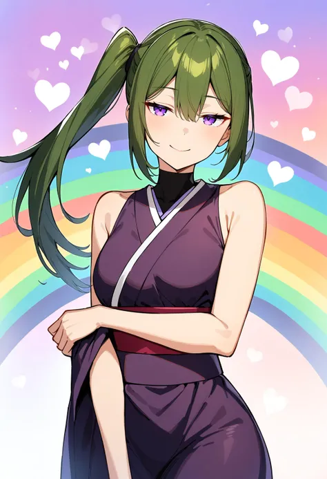 1girl,ubel,solo,half-closed eyes,green hair,bangs,hair between eyes,side ponytail,purple eyes,looking at viewer,perfect hands,perfect feet,perfect symmetry,perfect anatomy,extremely detailed,masterpiece,best quality,very aesthetic,absurdres,<lora:quality1:0:hr=1>,<lora:jitome_AXL30_v09a:1>,<lora:Ubel_AnimagineXLV3:0.3>,<lora:add-detail-xl:1>,<lora:parsley-XL-v31-ep20:0>,floral_background,rainbow_background,multicolored_background,gradient_background,heart_background,fantasy,scenery,sleeveless_kimono,kimono,kind_smile,