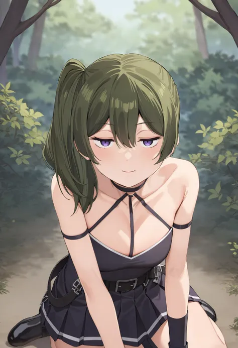 1girl,ubel,solo,half-closed eyes,expressionless,smile,green hair,bangs,hair between eyes,side ponytail,purple eyes,light smile,black choker,collarbone,sleeveless,black dress,sleeveless dress,halterneck,pleated skirt,black gloves,belt,black footwear,looking at viewer,perfect hands,perfect symmetry,perfect anatomy,extremely detailed,masterpiece,best quality,very aesthetic,absurdres,<lora:quality1:0:hr=1>,<lora:jitome_AXL30_v09a:1>,<lora:Ubel_AnimagineXLV3:0.8>,<lora:add-detail-xl:1>,<lora:parsley-XL-v31-ep20:0.8>,