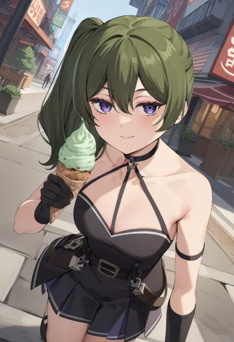 1girl, ubel, genshin impact, solo, green hair, bangs, hair between eyes, side ponytail, purple eyes, light smile, black choker, collarbone, sleeveless, black dress, sleeveless dress, halterneck, pleated skirt, black gloves, belt, black footwear, akihabara (tokyo), looking at viewer, ice_cream_cone , perfect hands, perfect symmetry, perfect anatomy, extremely detailed,  masterpiece, best quality, very aesthetic, absurdres <lora:quality1:0:hr=1> <lora:jitome_AXL30_v09a:0> <lora:Ubel_AnimagineXLV3:0.8> <lora:add-detail-xl:1> <lora:parsley-XL-v31-ep20:0.8>